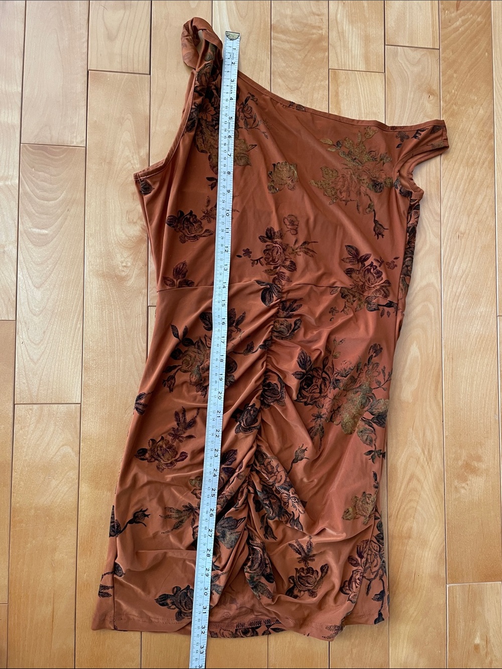 M. Floral One-Shoulder Rust Dress with Side Tie - Picture 4 of 5